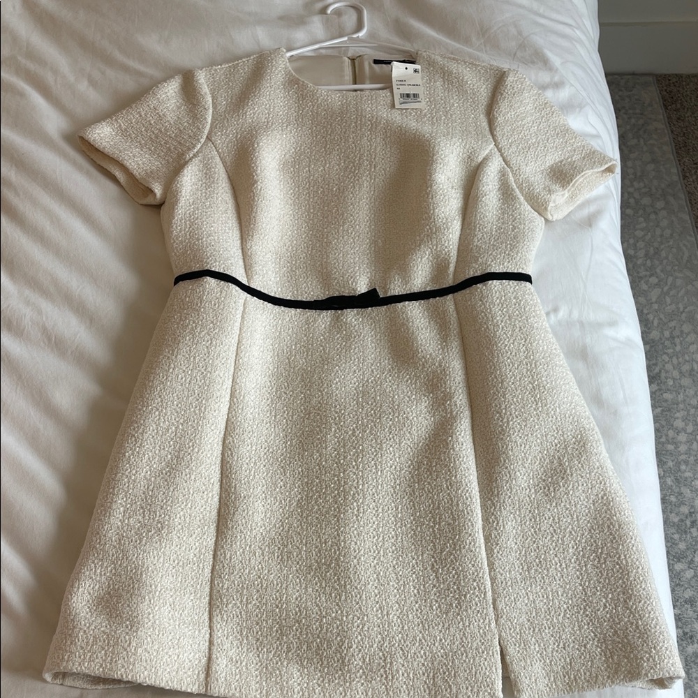 French Connection Cream Textured Dress with Black Accents